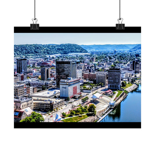 Haddad River front park and City of Charleston  Matte Horizontal Poster — Aerial Downtown Riverfront Print