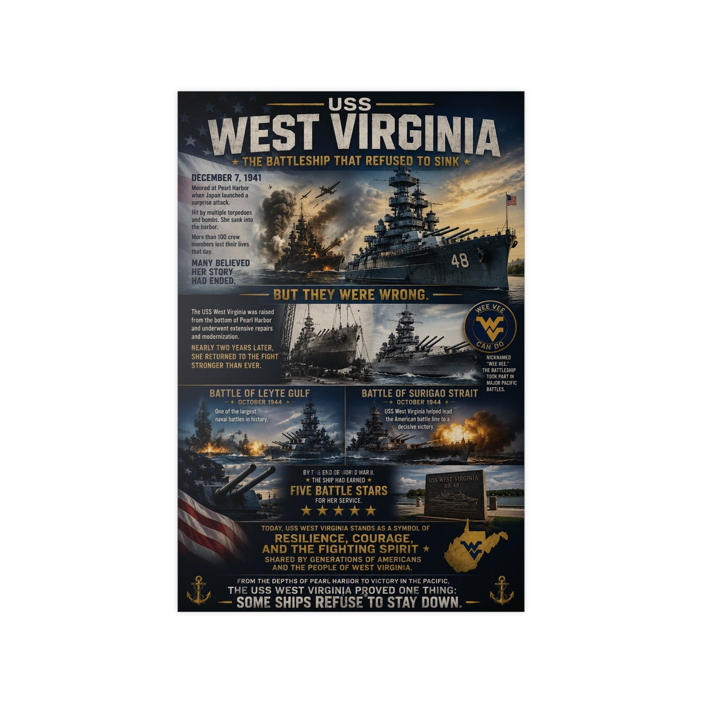 USS West Virginia Battleship Photopaper Poster - WWII Naval History Print