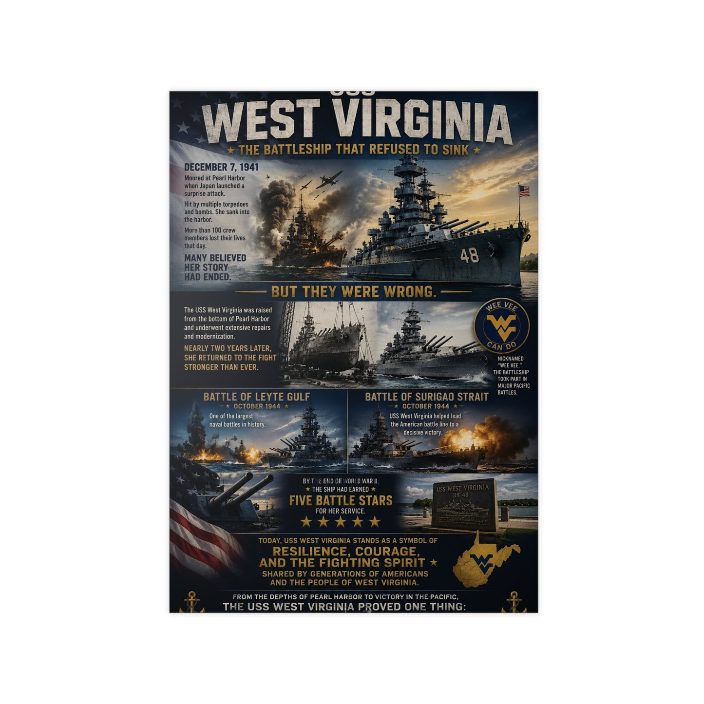 USS West Virginia Battleship Photopaper Poster - WWII Naval History Print