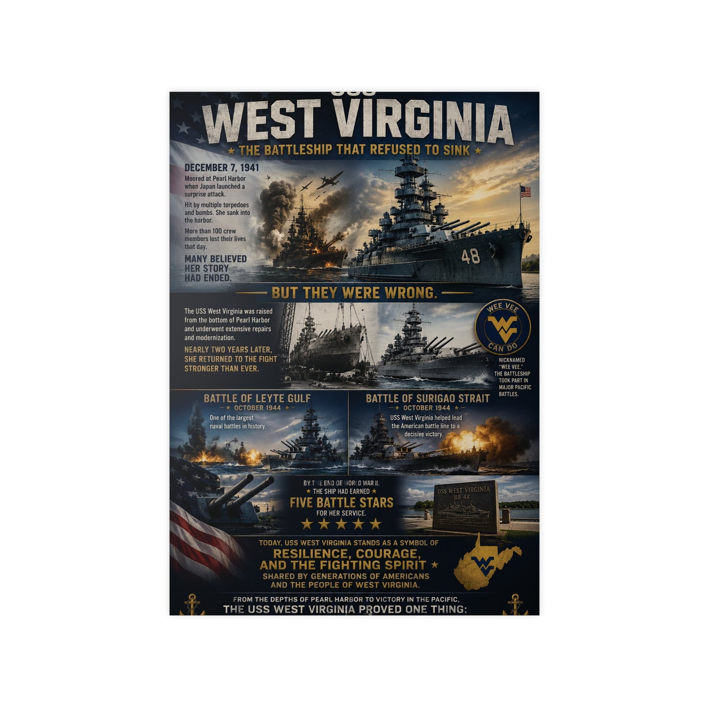 USS West Virginia Battleship Photopaper Poster - WWII Naval History Print