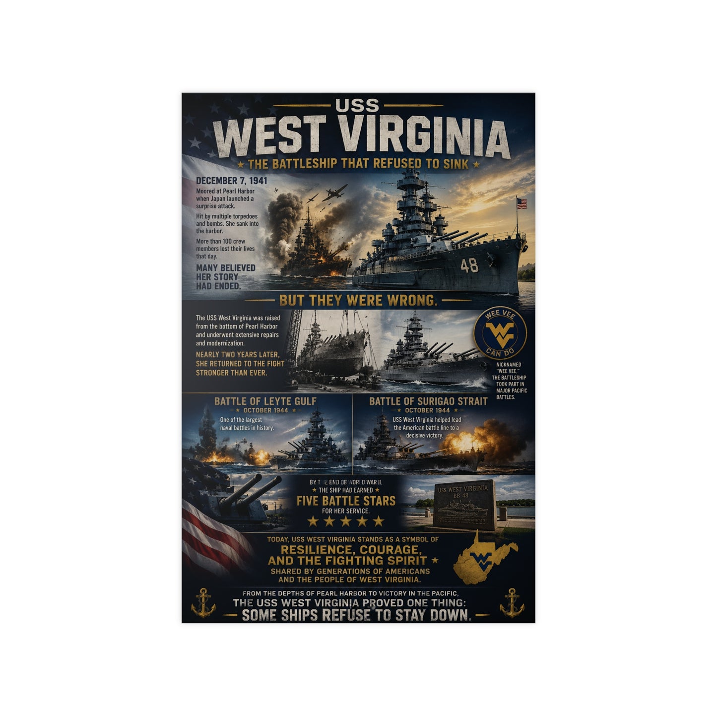 USS West Virginia Battleship Photopaper Poster - WWII Naval History Print